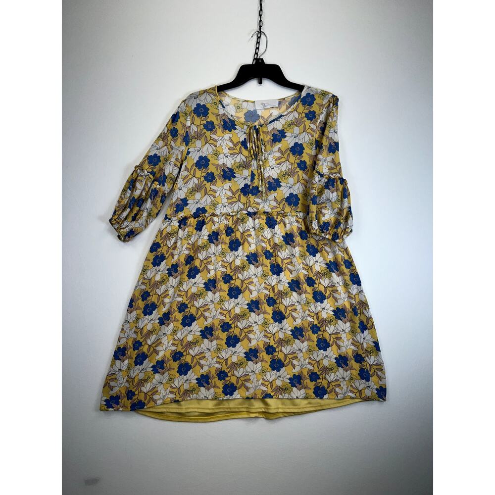 Superfoxx Dress Women’s Large Yellow Floral Short Sleeve 100% Rayon